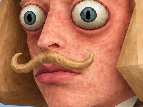 one moustache, curled, pointing up at both ends